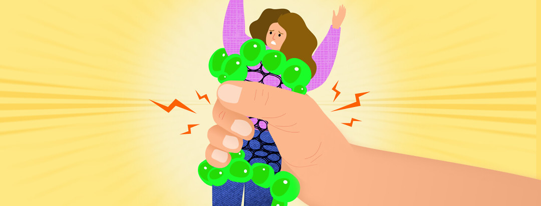 A woman's midsection is being squeezed by a large hand. Her torso is wrapped in a black netting and large green bubbles are squishing out the top and bottom to mimic a stress ball.