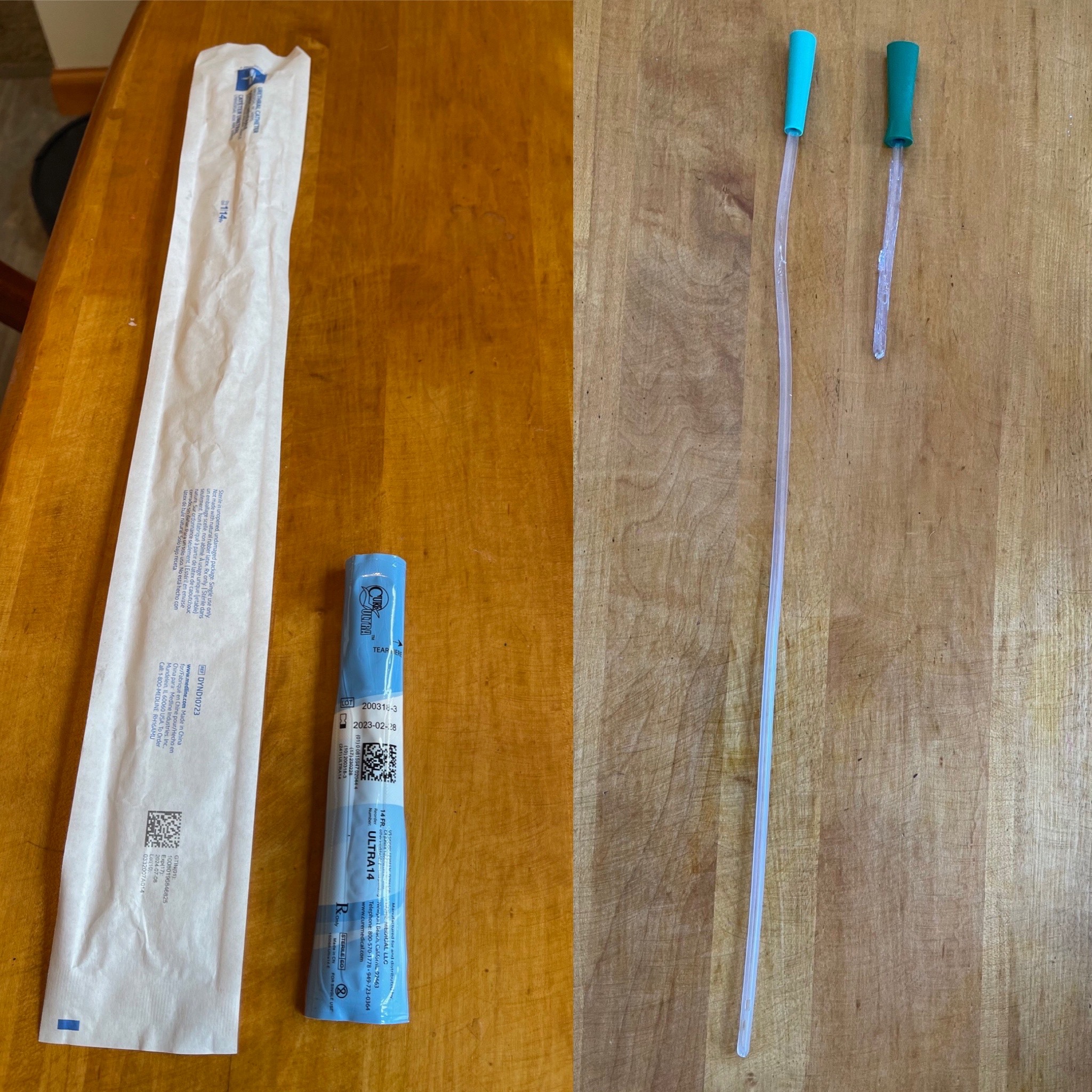 Two catheters side by side on a table. The unisex catheter is more than three times as long as Laura's normal catheter.