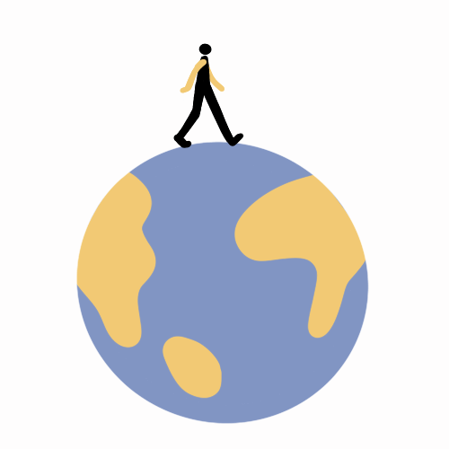 Person walking on a spinning globe.