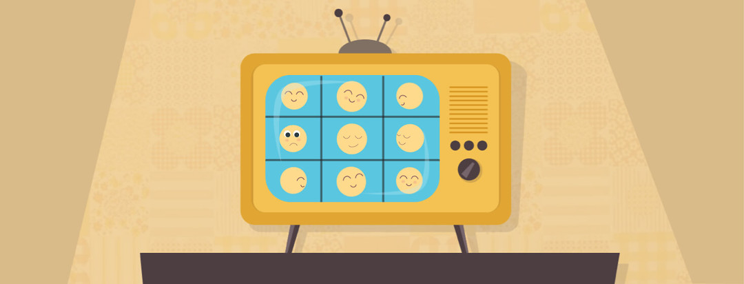 An old tube television sits on a wooden stand. On the screen is a series of emojis looking around at eachother like on the Brandy Bunch. The one in the middle looks upset and lost.