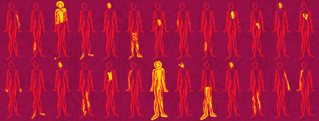 Multiple repeated images of a body outline showing the different places people deal with MS pain.
