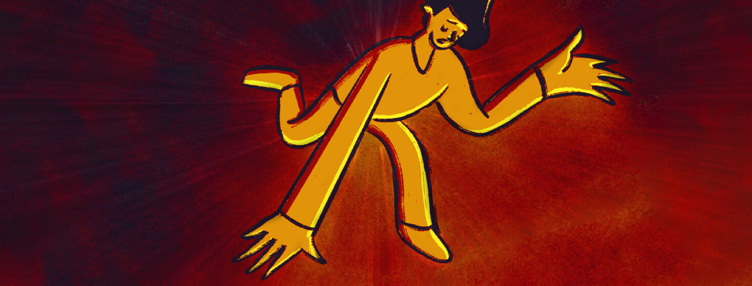 A woman with MS is leaning forward hunched over trying to stop from almost falling.