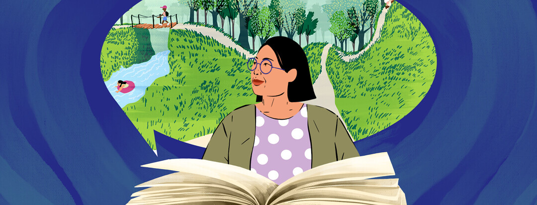 A woman with MS is taking a break and reading a book. In the bubble behind her she is imagining the story that takes place in a forest.