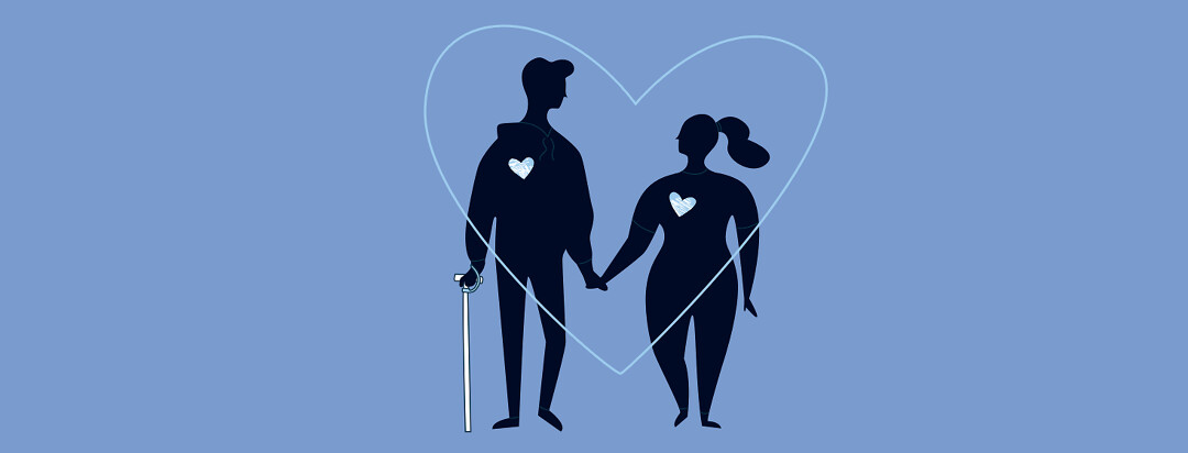 Dating someone with MS. Two young silhouettes are holding hands inside a large heart. One person has a cane.