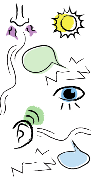 Multiple images of speech bubbles and triggers that include smell, sight, hearing and sunlight.