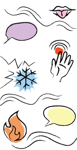 Multiple images of speech bubbles and triggers that include smell, touch, cold, and hot