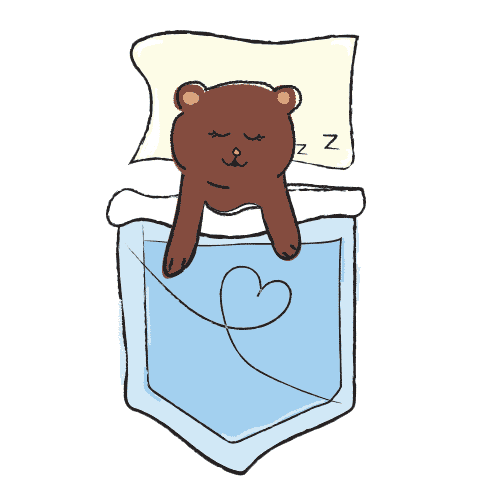 A brown bear with it's head on a pillow is sleeping inside a jean pocket. There are snore lines coming out of it's mouth.