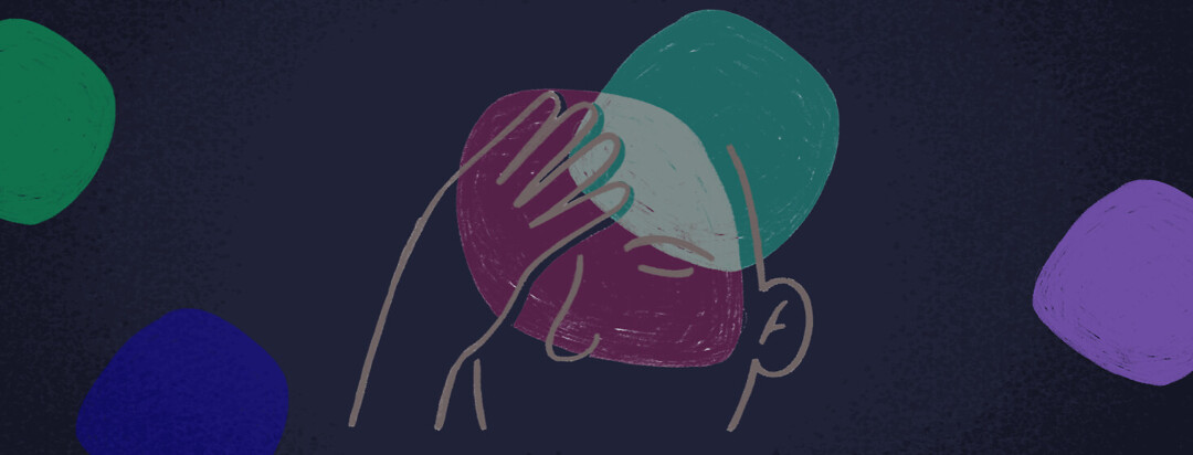A sketched outline of someone holding their head with their eyes closed. Their brain is highlighted in the color purple as an outside source - shown as a teal color blob overlaps it.