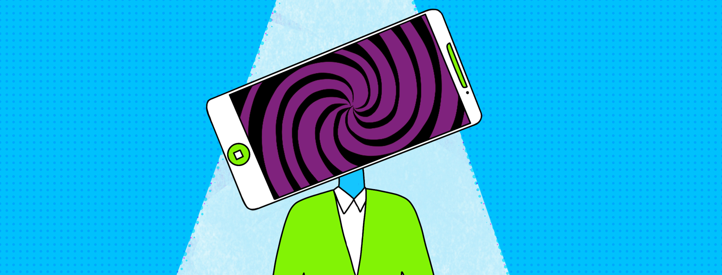 A person stands under a spotlight in a digital world. There is a mobile cell phone in place of their head with a swirling hypnotizing pattern on it.