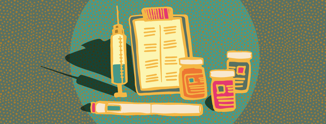 A clipboard stands up beside a needle, some prescription bottles, and an self injection pen.