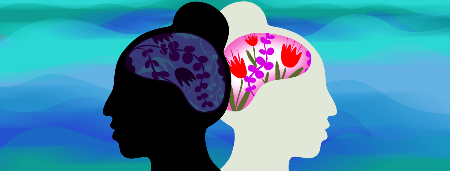 A woman's head is reflected and faced back to back - one of the brains has vibrant colorful flowers, while the other includes dark and wilted flowers.