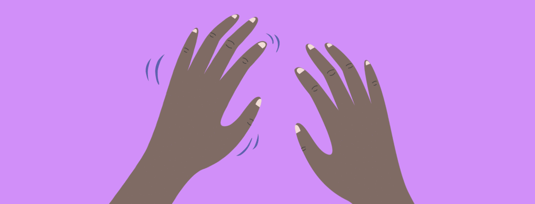 Hands on a purple background. The left hand is moving back and forth in a shaking motion.