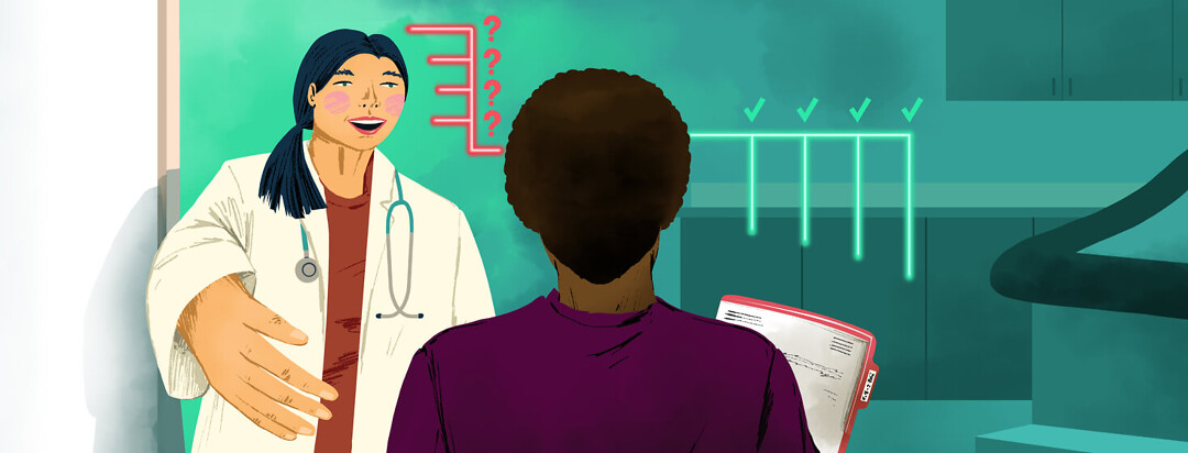 A doctor welcomes in a patient into an appointment. To the right of the patient's head are lines that have check marks beside them, and the left are lines that point to the doctor with question marks beside them.