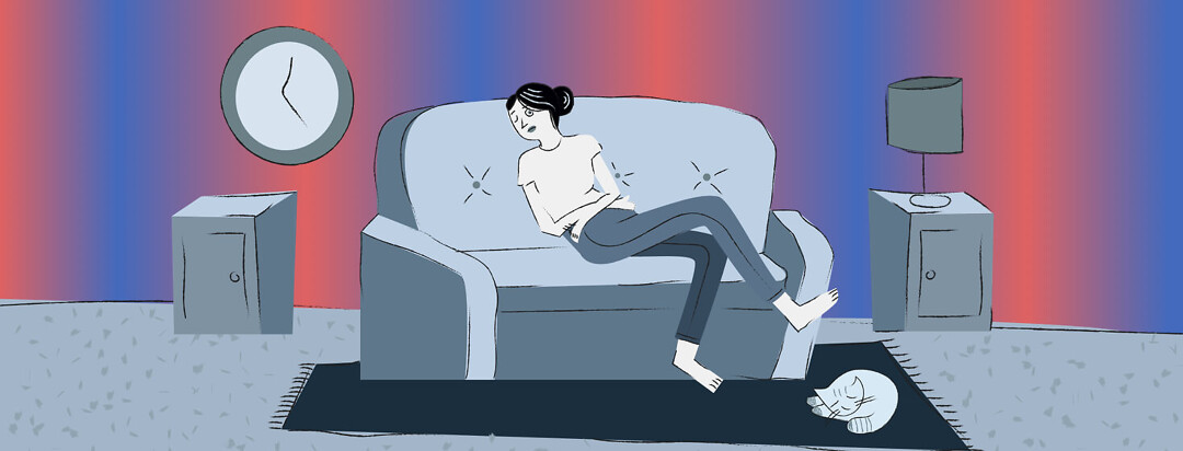 A woman is asleep on a grey couch with her arms crossed and one eye open. There is a range of blue and red stripes on the wall to signify temperature change.