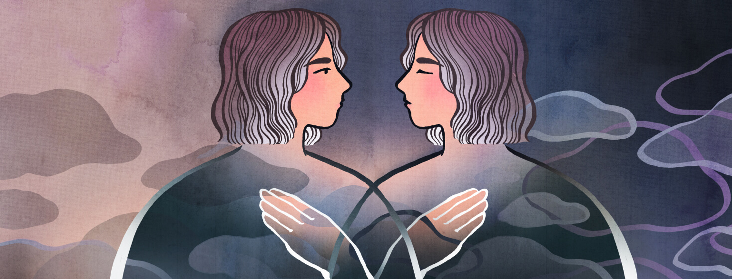 A woman is pictured beside herself. One version has bright light on the outside and showing the world a blank expression. The image on the other side has her eyes closed, mouth neutral, and is reflecting on the darkness around her thoughts.