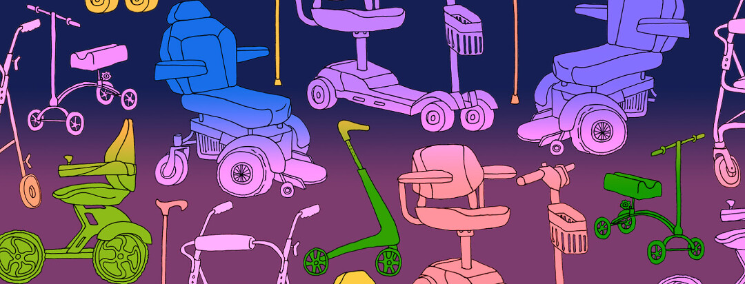 A colorful a wall-paper-style print of several mobility devices including a power motorized wheelchair, walker, cane and scooter.