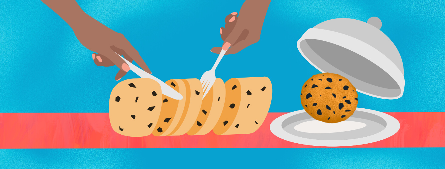 A set of hands are slicing through refrigerated dough, while a perfectly baked cookie is presented on a silver platter.