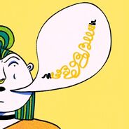 A woman with a speech bubble coming out of her mouth containing a squiggly banana