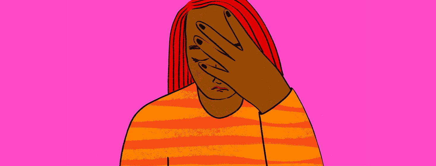 Animation of black woman with red hair feeling sad, hearing good news, feeling relieved