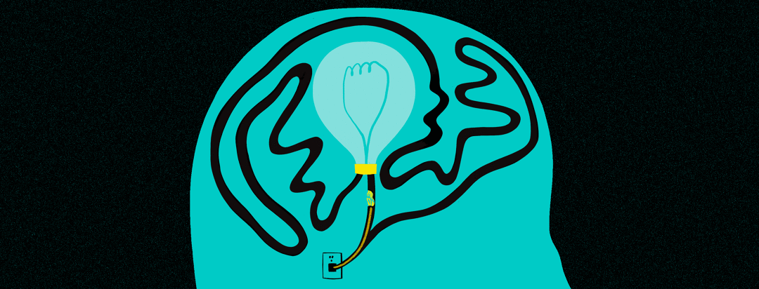 A lightbulb sparks and lights. The bulbs cords are in the shape of a brain