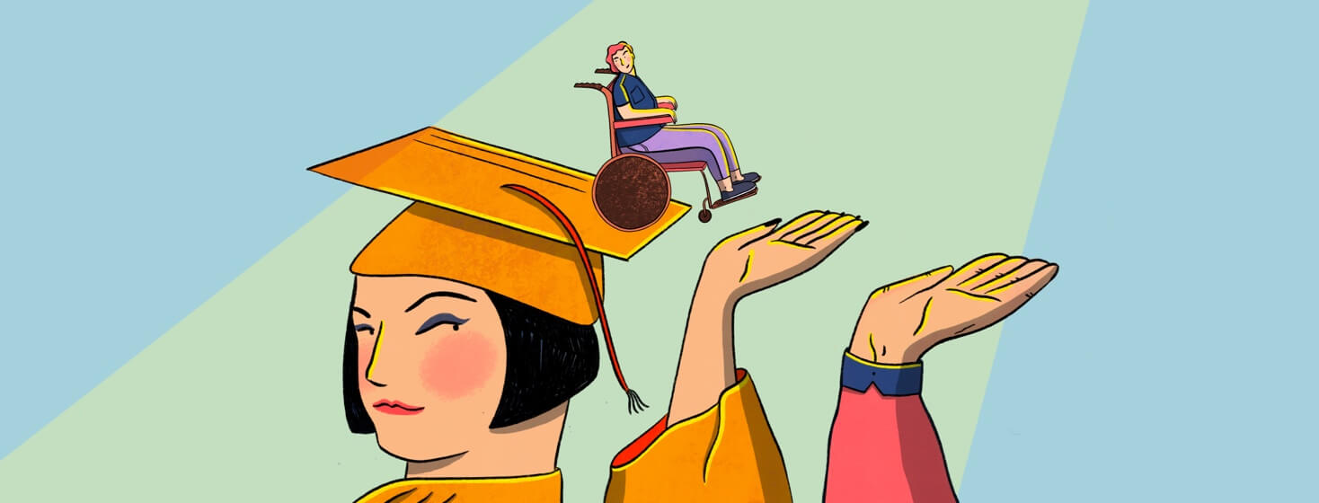 Tiny wheelchair with a woman sitting in it slides down a graduation cap being worn by a large woman hands wait to catch the wheelchair when it falls