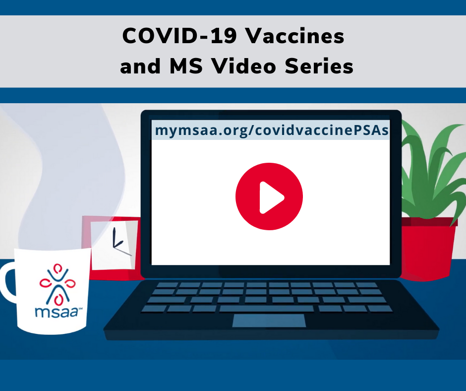 Illustration of laptop with COVID-19 Vaccines and MS Video Series from MSAA