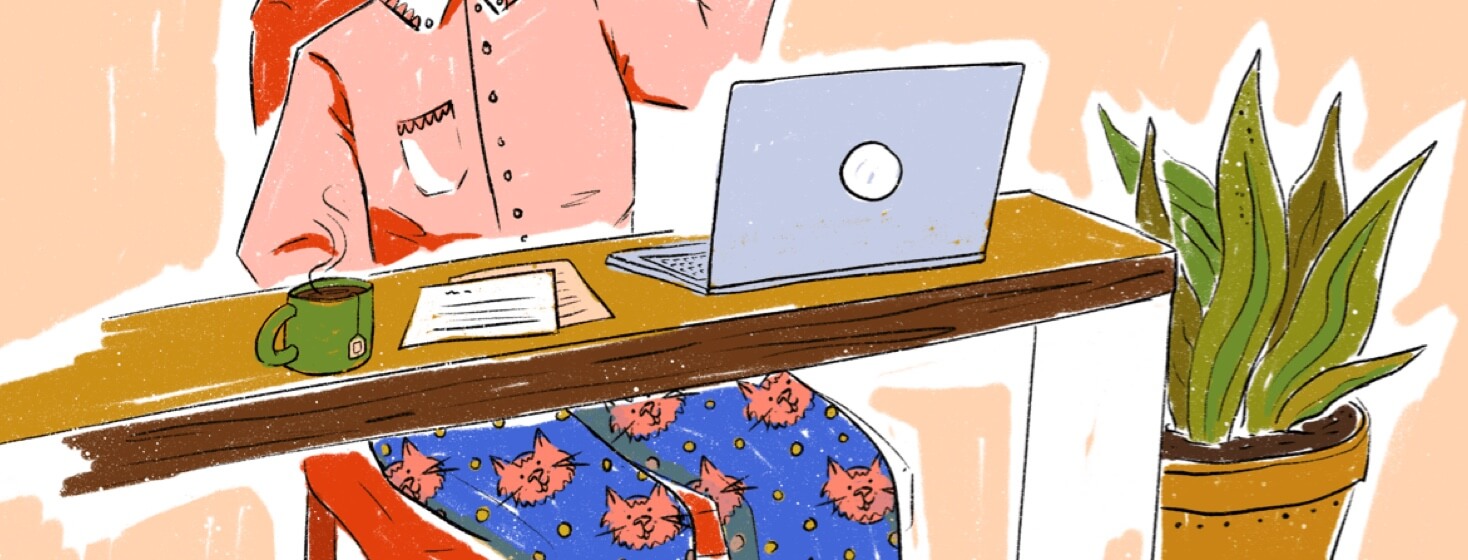 A woman works from home in Pajamas