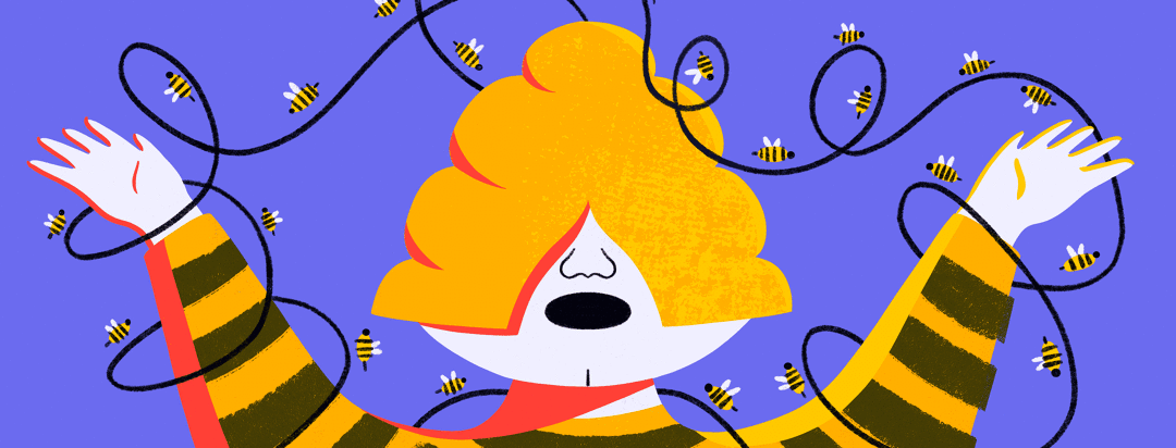 A person with a beehive over their head while bees buzz around them