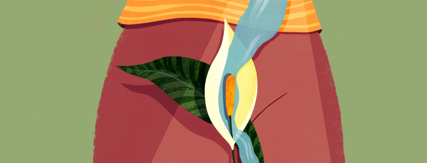 A black woman's lower body behind a peace lily with water running over it
