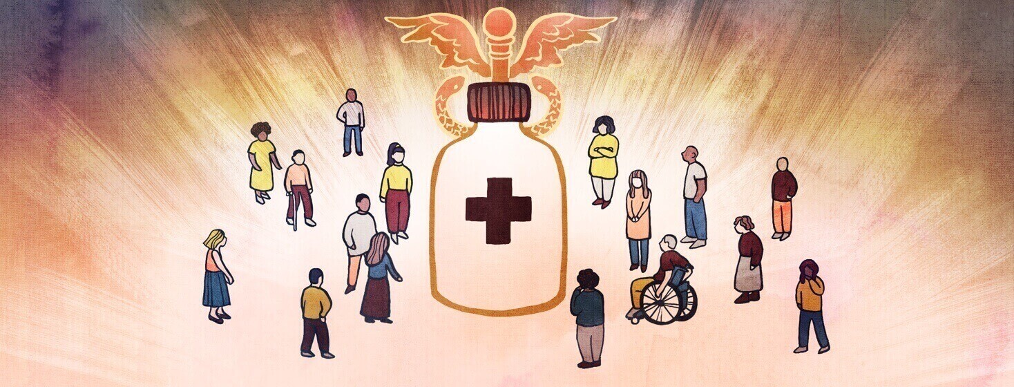 Diverse group of people gathering around a medicine bottle