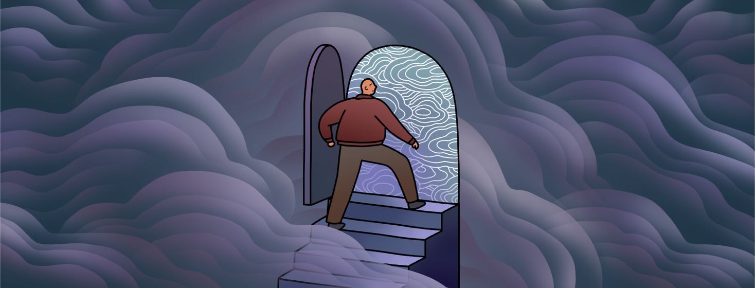 A man on steps walking through a door surrounded by clouds