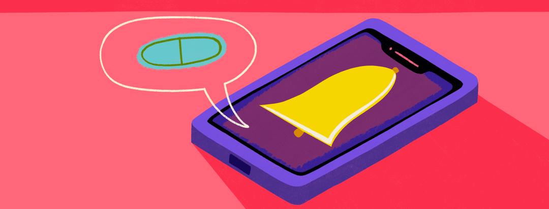 A phones alarm going off as a speech bubble with a pill in it floats next to it