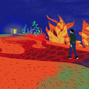 A man walks a fiery path towards an open door