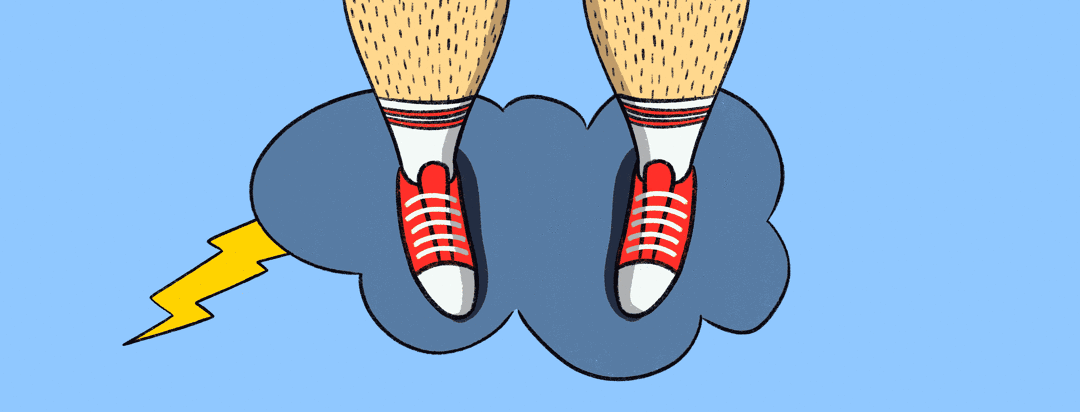 A pair of feet on a stormy cloud with shoes and on a regular cloud without shoes