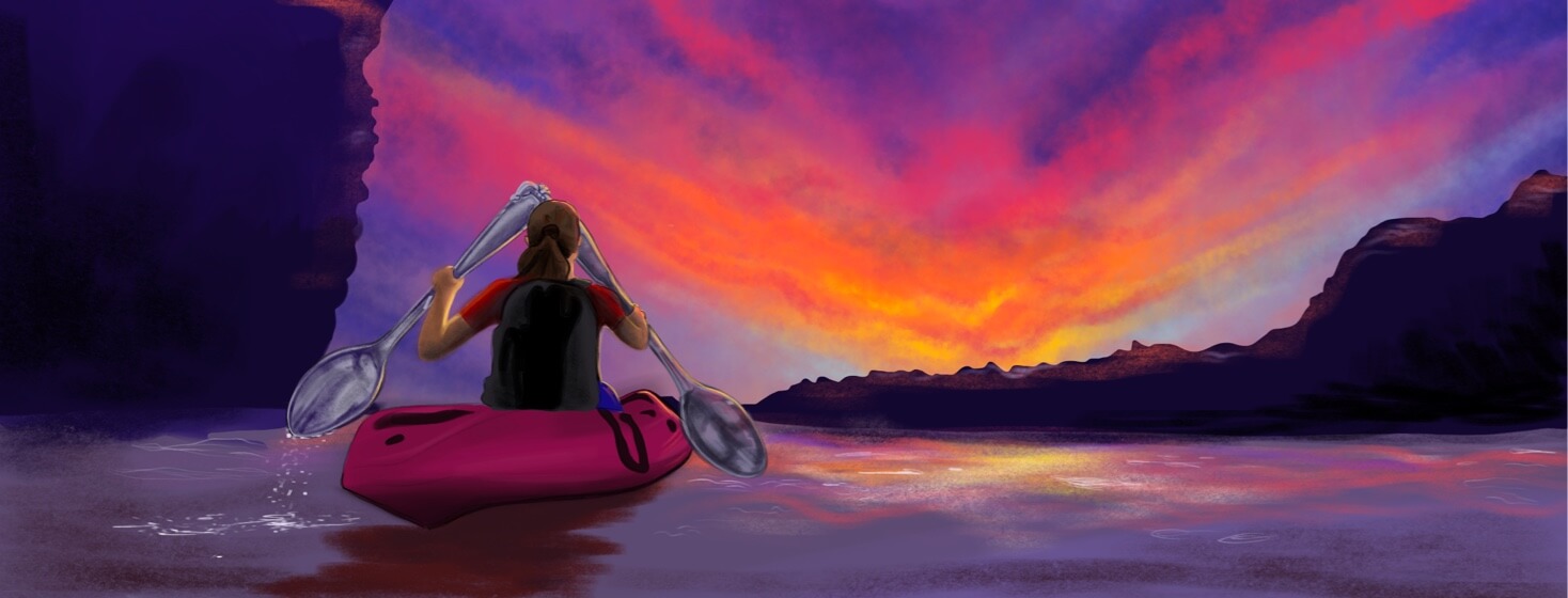 A woman holding two large silver spoons in a kayak paddles towards a sunset