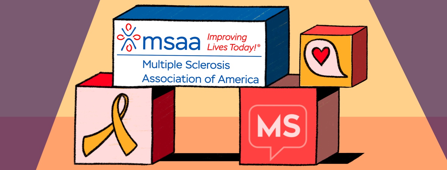 Block with MSAA logo stacked on blocks with Multiple sclerosis dot net logo and an orange ribbon on them