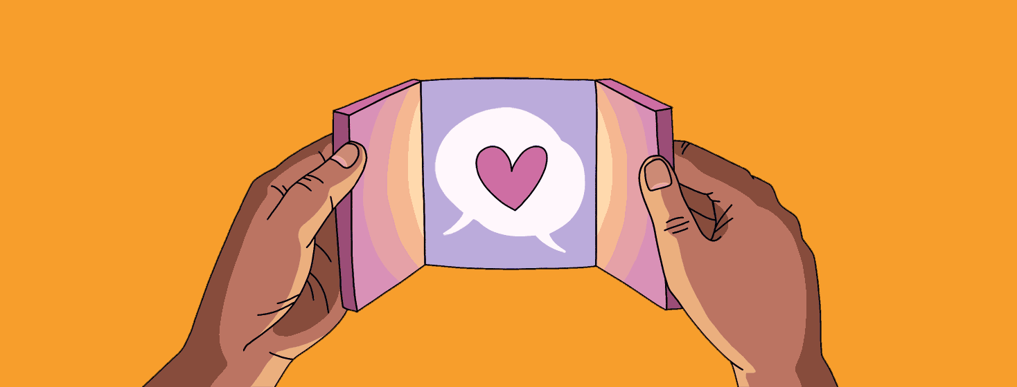 Hands open small doors, which reveal two speech bubbles overlapping with a heart inside.