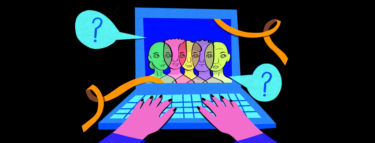 Hands typing on a laptop with overlapping people on the screen as MS ribbons and speech bubbles pop out