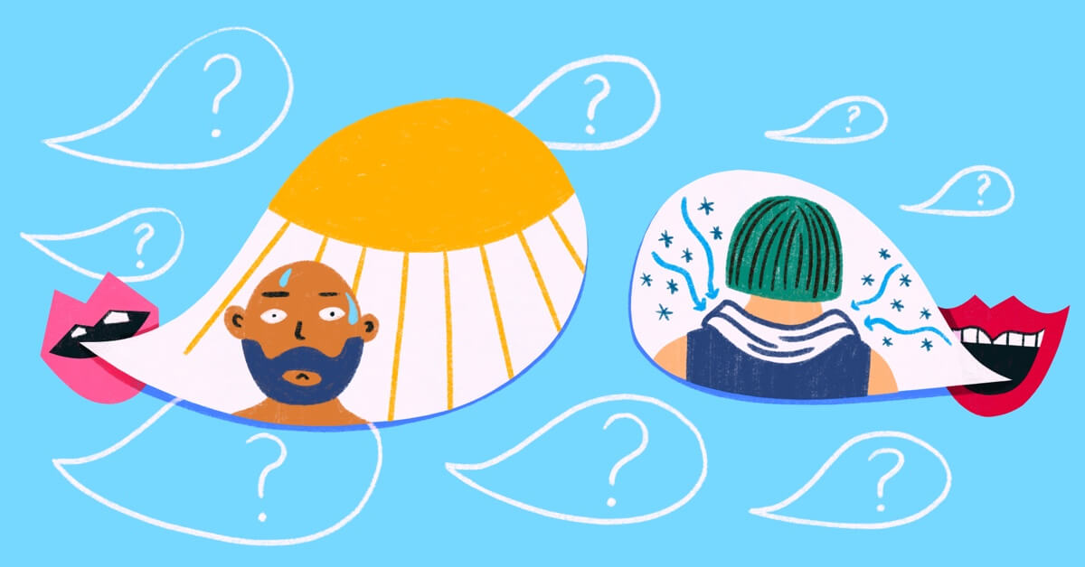 Two floating mouths talk about the heat and cooling devices as questions float around in the background.