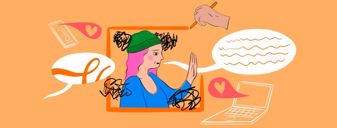 a hand draws a box around a frustrated woman as she is speaking a phone and computer with supportive speech bubbles surround her