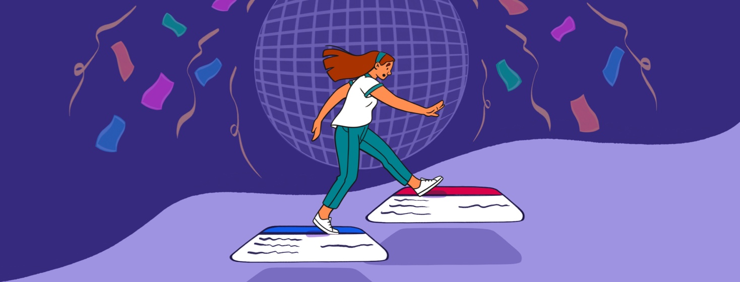 A woman balances on an old insurance card as she steps to a new one while a new years eve ball and streamers fall behind her