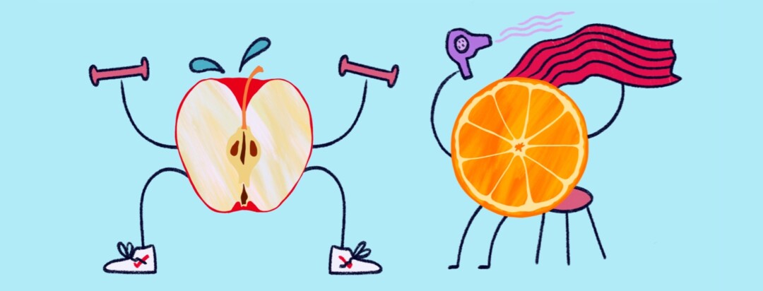 An apple lifting weights and an orange blow drying their hair