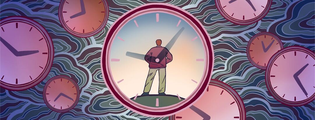 Illustration symbolizing the passage of time, showing a man standing in the center of a large clock face, surrounded by many smaller clocks and a swirling, textured background.