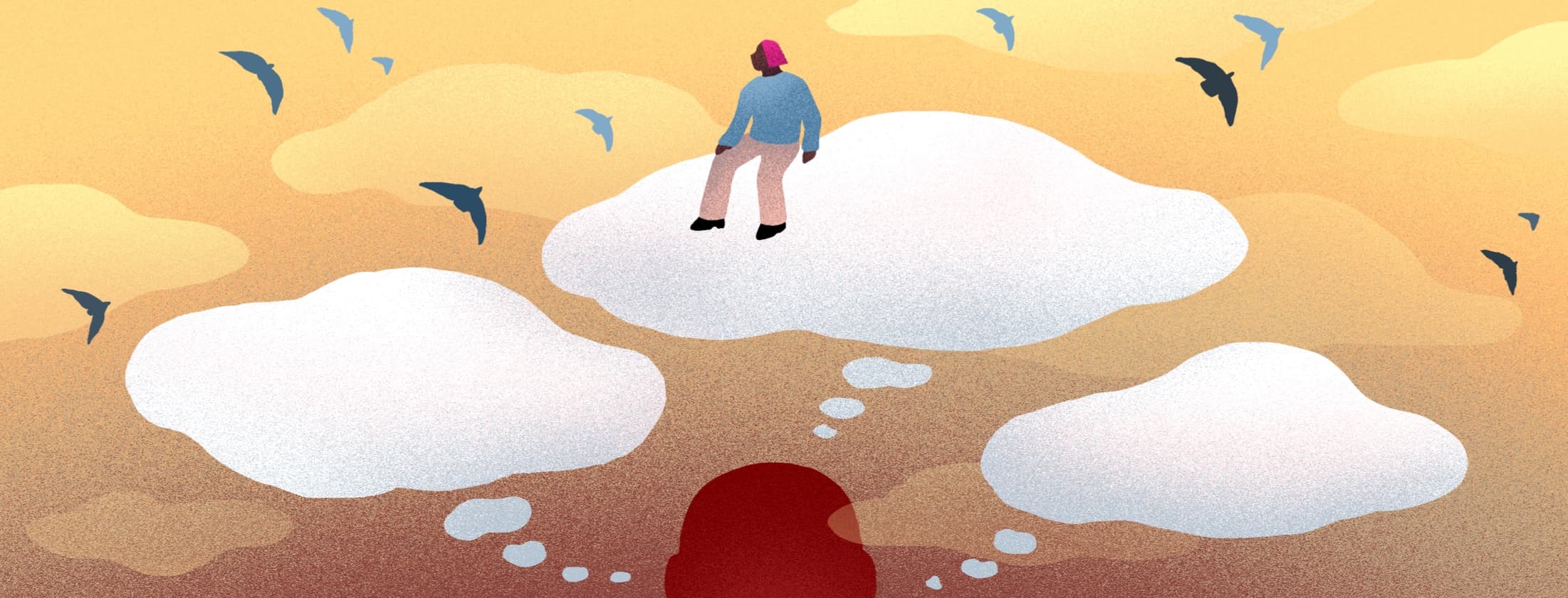 Three thought bubbles float from the head of a person in shadow and become clouds for another woman to sit on and watch the dawn sky