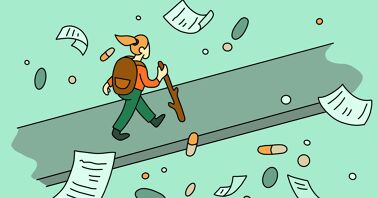 A woman with a walking stick hiking along a path, around her swirl papers and pills